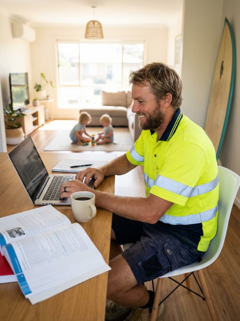 Tradesperson studying Certificate IV in Building and Construction online at home