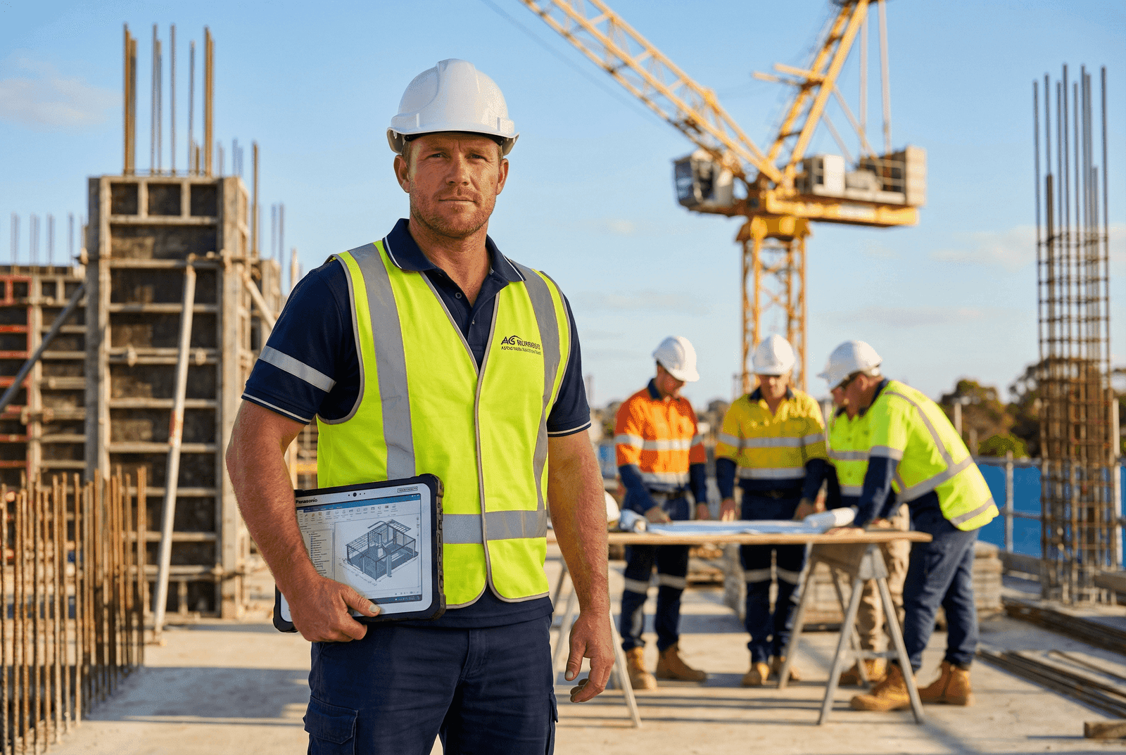 Construction professional with tablet and BIM plans on a commercial building site, team reviewing drawings in background with crane