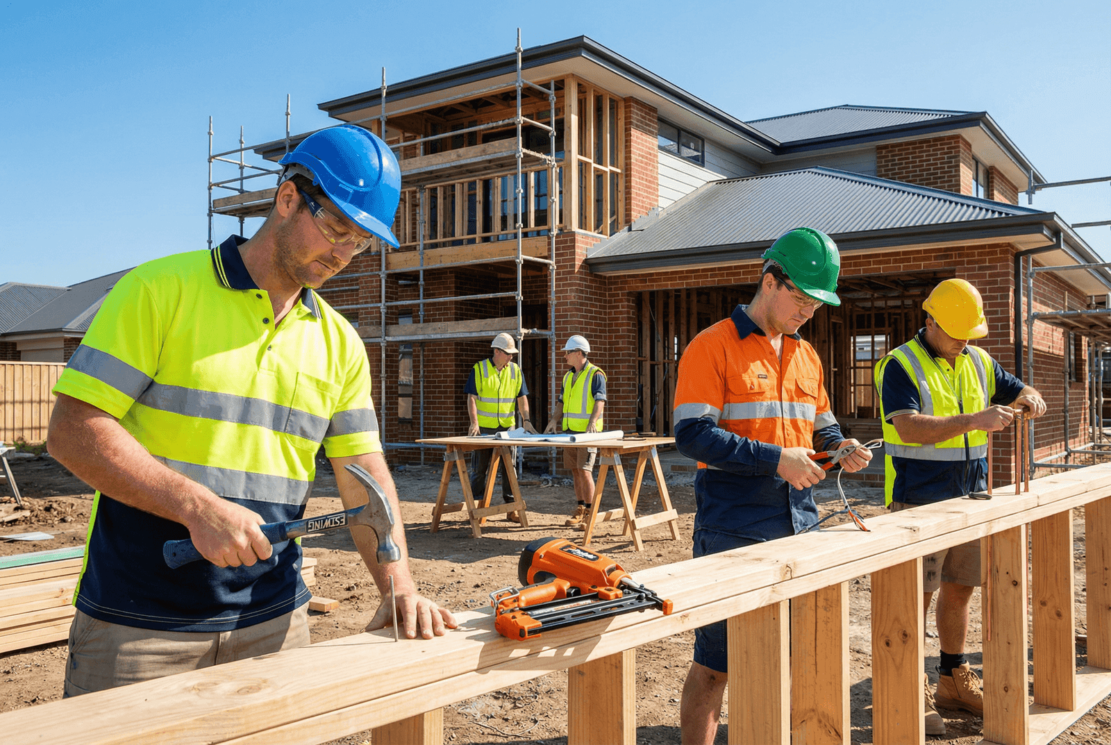 Diverse group of Australian construction workers on a residential building site — carpenters, electricians and tradespeople in hi-vis working collaboratively