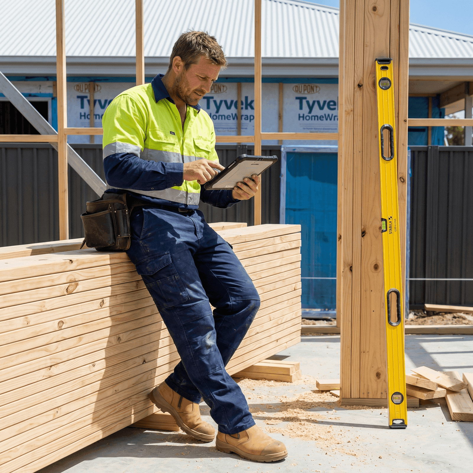 Tradesman studying Certificate IV course materials on a tablet at a Canberra residential construction site