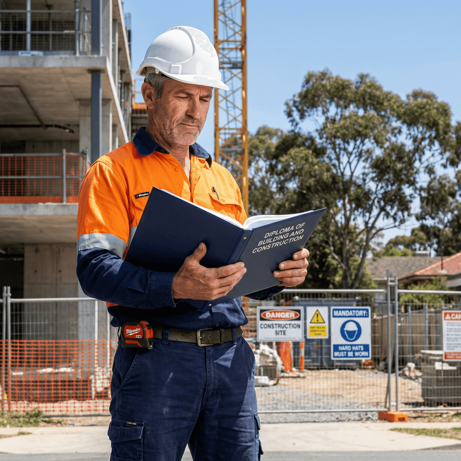 Experienced builder reviewing Diploma of Building and Construction binder at a medium-rise commercial construction site in Canberra