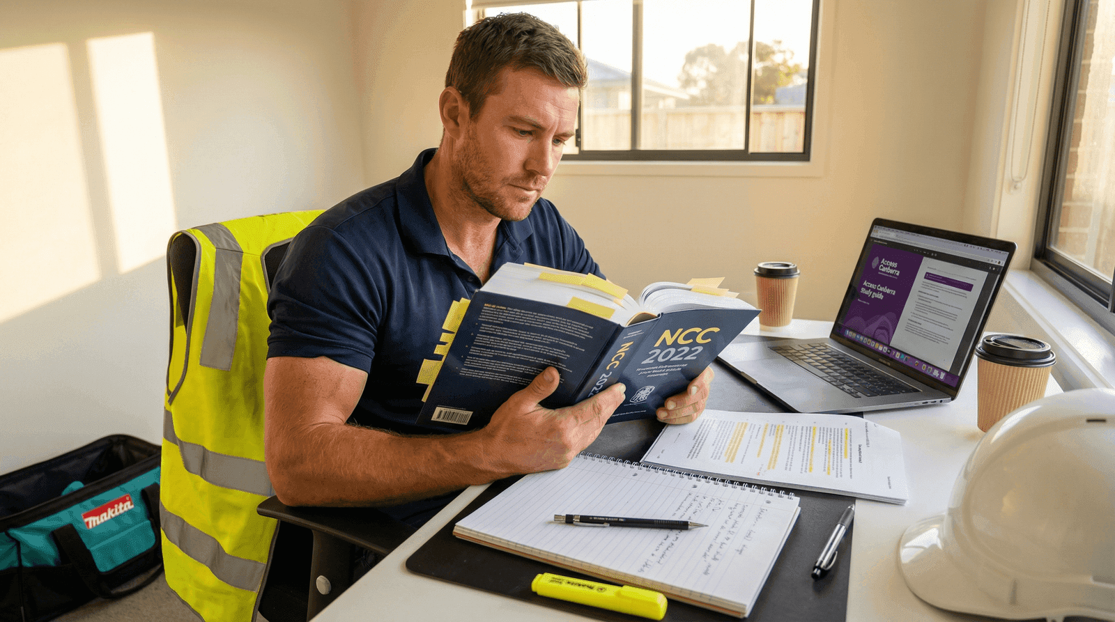 Builder studying for the ACT licence exam from an NCC 2022 manual with Access Canberra study guide on laptop and highlighted legislation documents