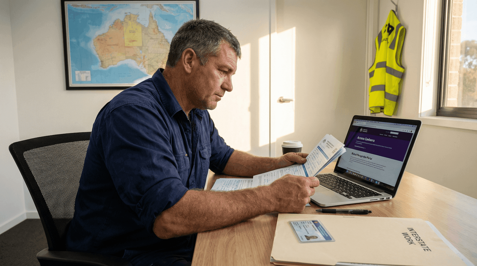Experienced interstate builder reviewing mutual recognition application forms at an office desk with Access Canberra portal on laptop and a map of Australia on the wall