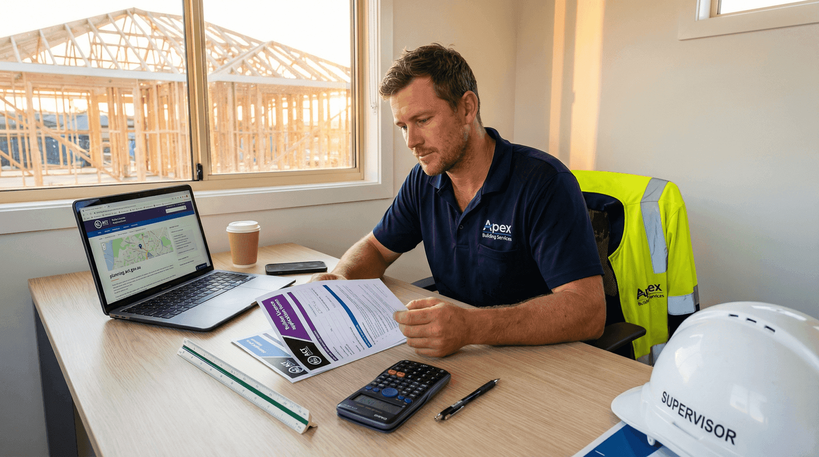 Builder reviewing ACT licence class application forms at a site office desk with hard hat and hi-vis vest