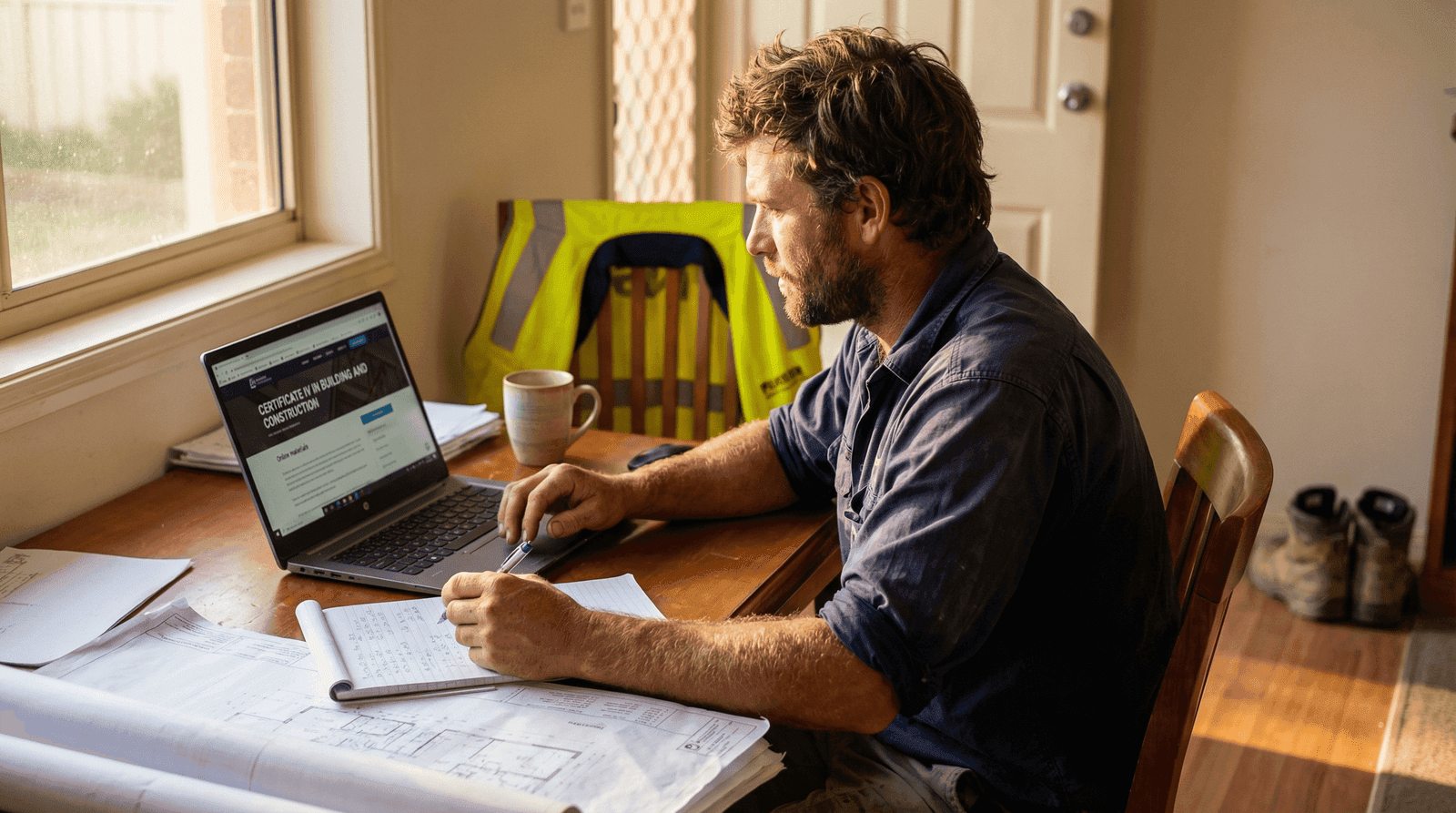 Builder studying Certificate IV in Building and Construction online at home — laptop showing course materials, construction plans and hi-vis vest on desk