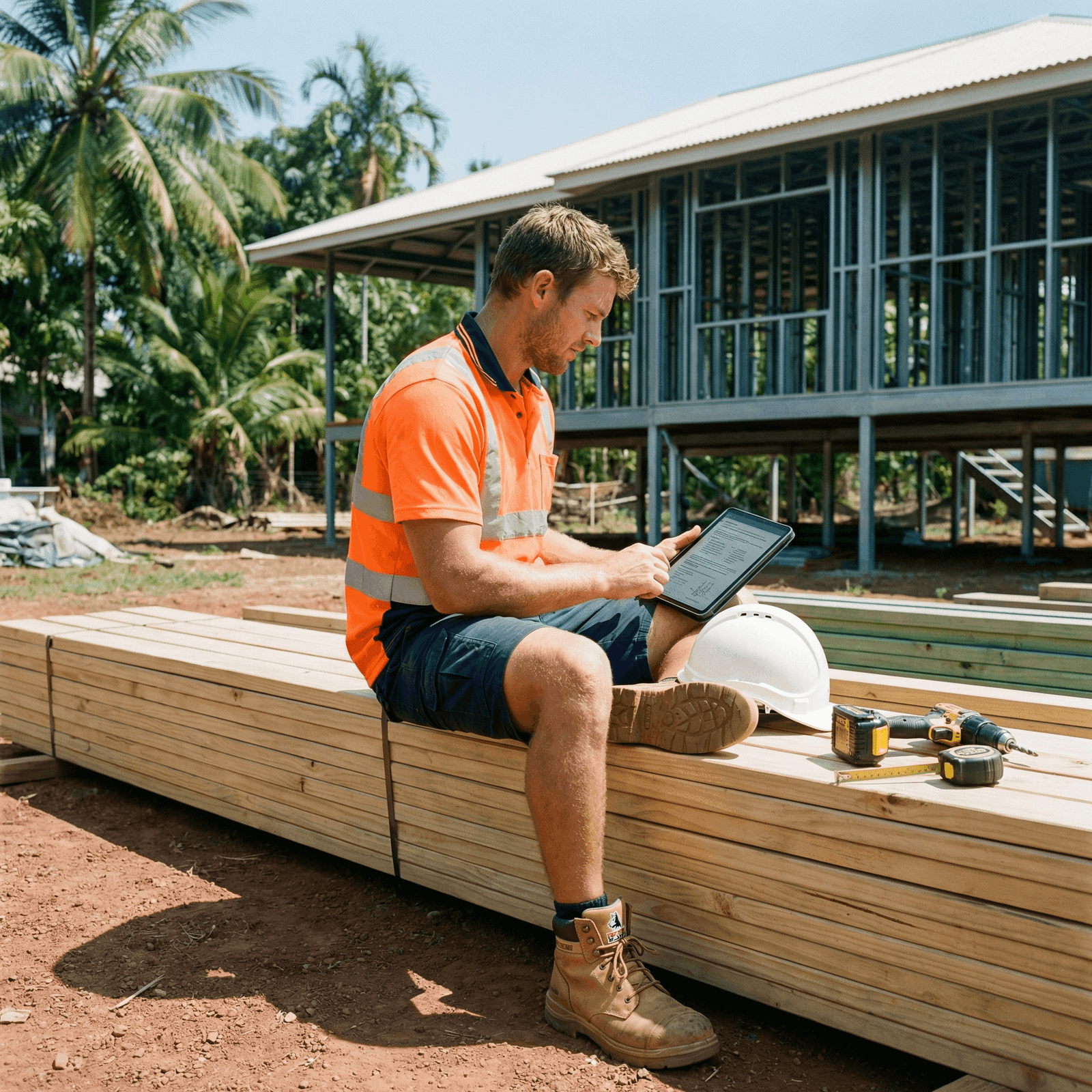 Tradesman sitting on a timber stack reviewing Certificate IV course materials on a tablet at a Darwin construction site with an elevated home under construction behind him