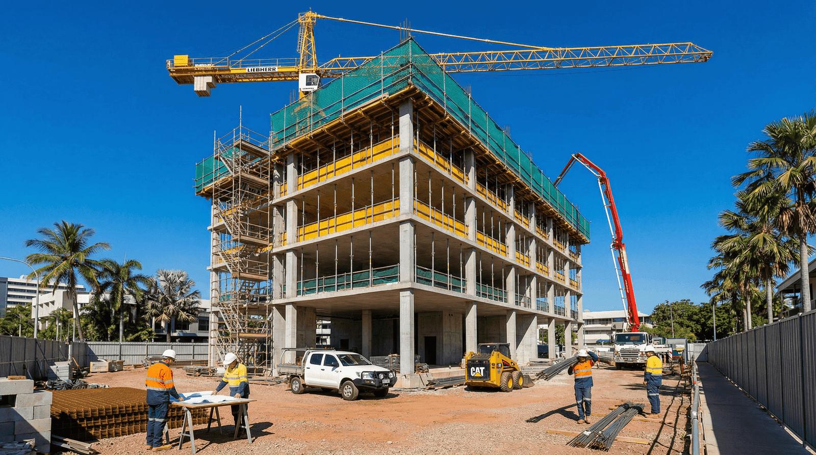 Active commercial construction site in Darwin CBD with a multi-storey concrete building under construction, Liebherr tower crane, concrete pump, and workers in hi-vis with palm trees in the background