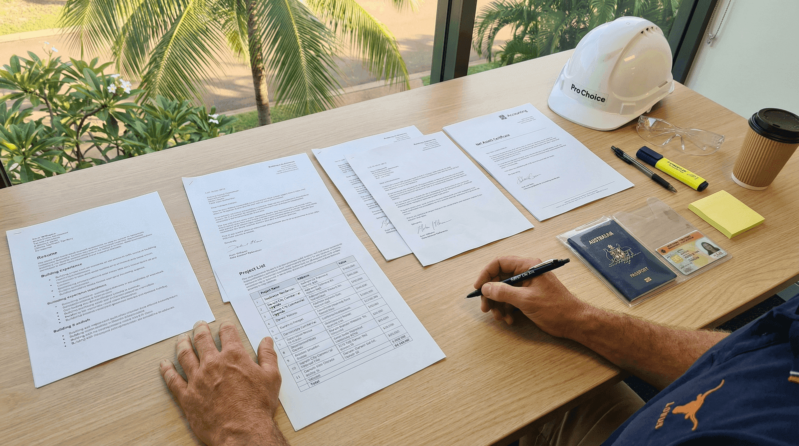 Builder's registration documents, resume, project list, and reference letters spread across a timber desk in a Darwin office with a Pro Choice hard hat, safety glasses, and tropical palms visible through the window