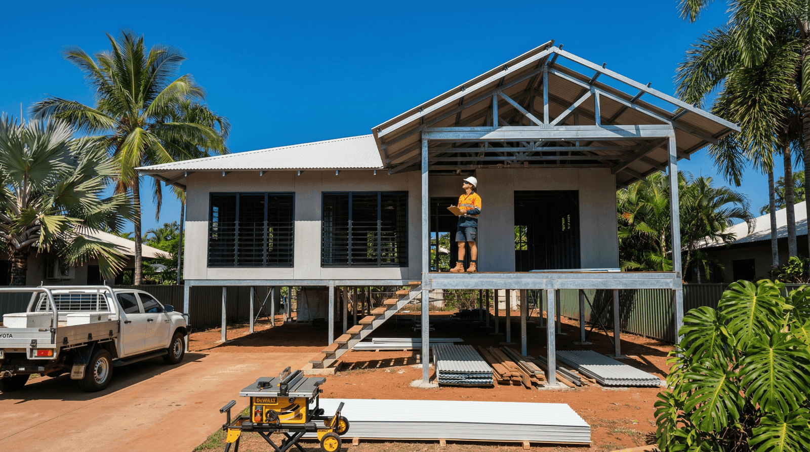 Modern elevated tropical home under construction on steel stumps in a Darwin suburb with Colorbond roofing, louvre windows, and palm trees under a vivid blue dry-season sky