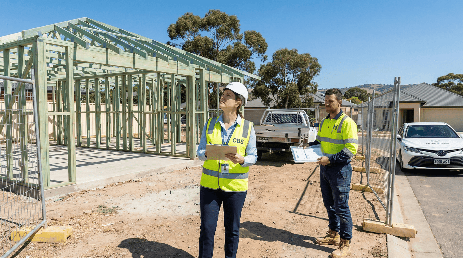 CBS compliance officer inspecting a building site for licensing compliance — female officer in hi-vis vest with clipboard inspecting a timber-framed residential construction site in suburban Adelaide, with a builder presenting licence documents, Toyota HiLux and SA Government fleet car visible, Adelaide Hills in the background