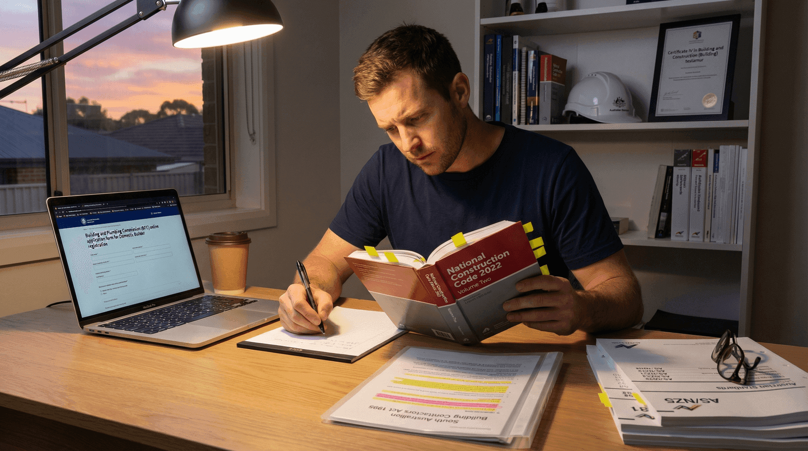 Builder preparing for CBS technical interview with construction reference materials — studying from a National Construction Code 2022 manual and printed Building Work Contractors Act at a timber desk with a laptop showing the BPC application form, warm evening light from a desk lamp, Adelaide sunset through the window