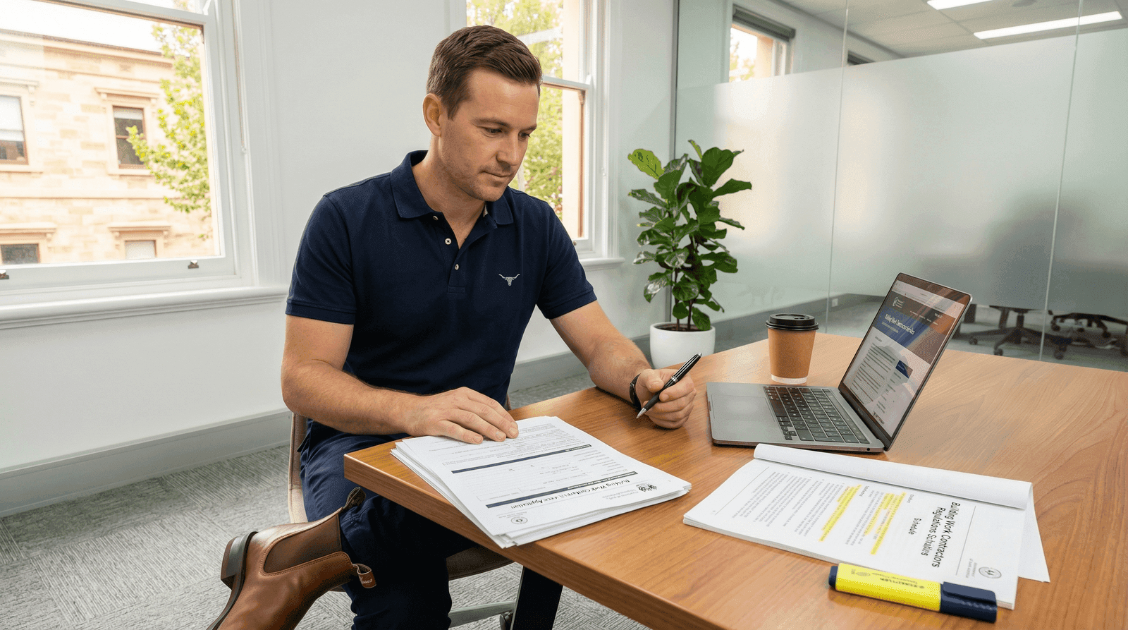 Builder in a navy R.M. Williams polo reviewing CBS licence application forms at a modern office desk with a laptop showing the sa.gov.au website, highlighted regulations, and Adelaide sandstone buildings visible through the window