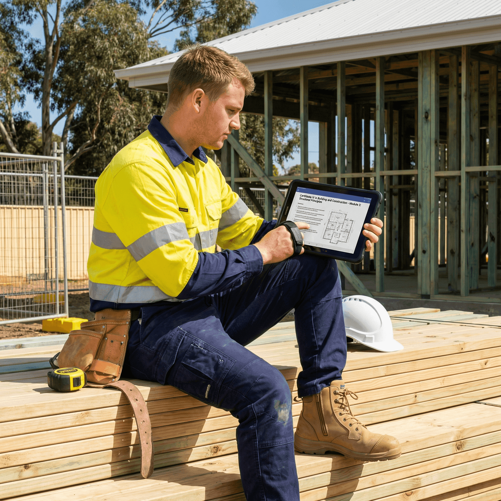 Young tradesman in hi-vis yellow sitting on a timber stack at an Adelaide residential construction site reviewing Certificate IV course materials on a tablet with a timber frame house and Colorbond roofing behind him