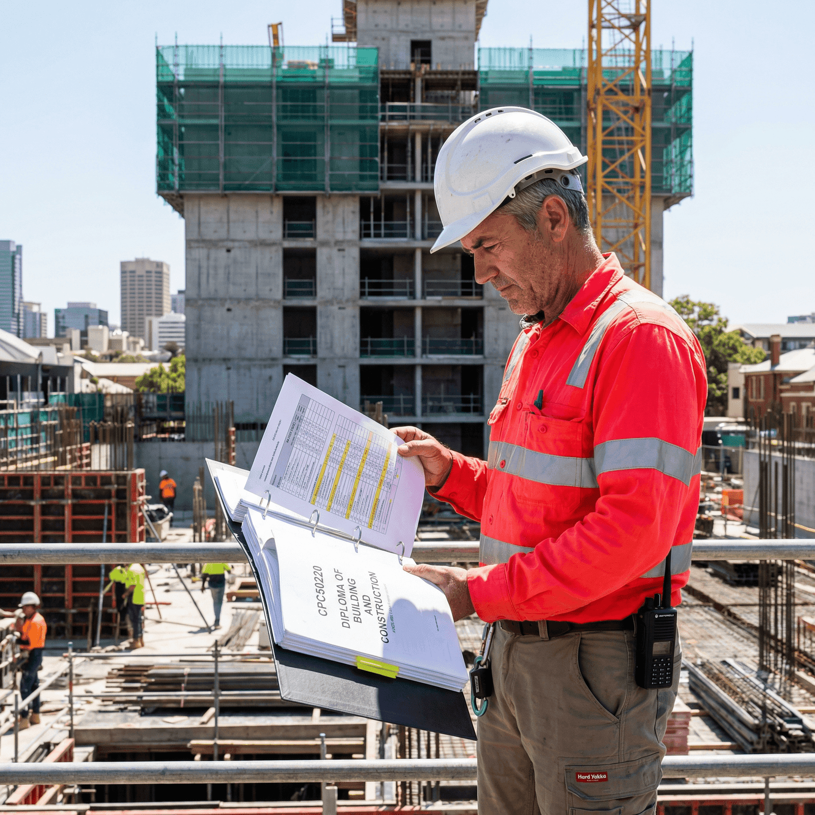 Mature tradesman in hi-vis orange with hard hat reviewing a Diploma of Building and Construction course binder at a commercial construction site in Adelaide with a multi-storey concrete building under construction behind him