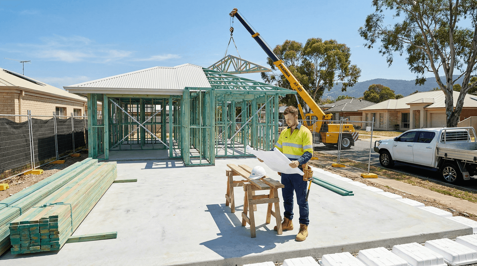 Residential construction site in suburban Adelaide with a builder in hi-vis reviewing plans at a sawhorse, treated pine timber frame with Colorbond roofing, Franna crane placing roof trusses, and the Adelaide Hills in the background
