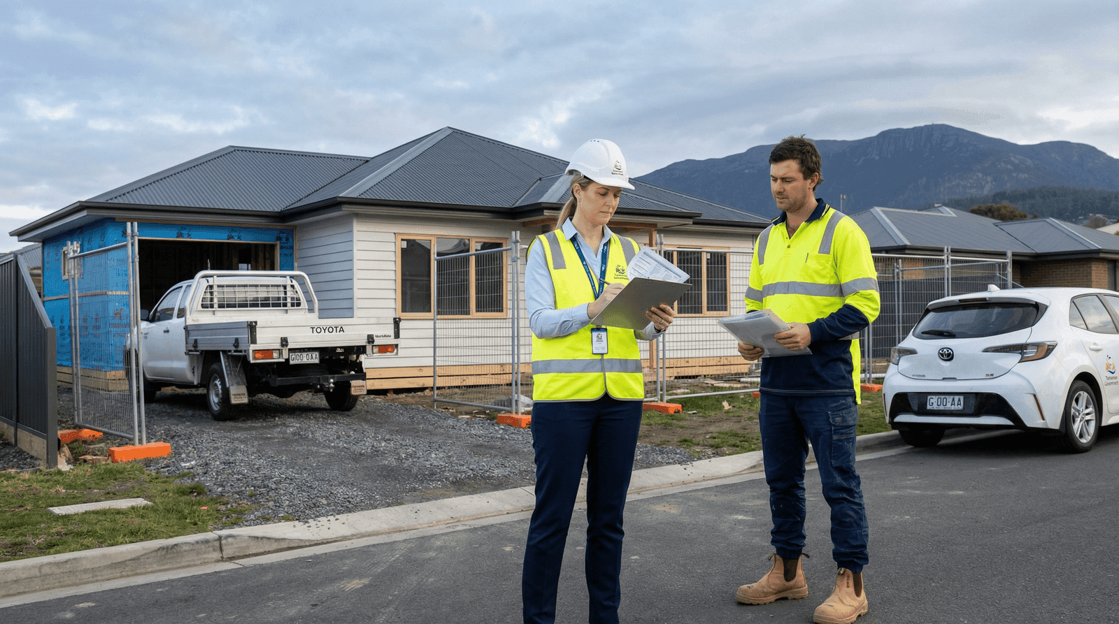 CBOS compliance officer in hi-vis vest and hard hat reviewing inspection checklist on a clipboard at a suburban Hobart residential construction site, with a builder in hi-vis yellow presenting his licence documents, a weatherboard house under construction with Colorbond roof, Toyota HiLux ute, Tasmanian Government fleet car, and Mount Wellington rising in the background under an overcast sky