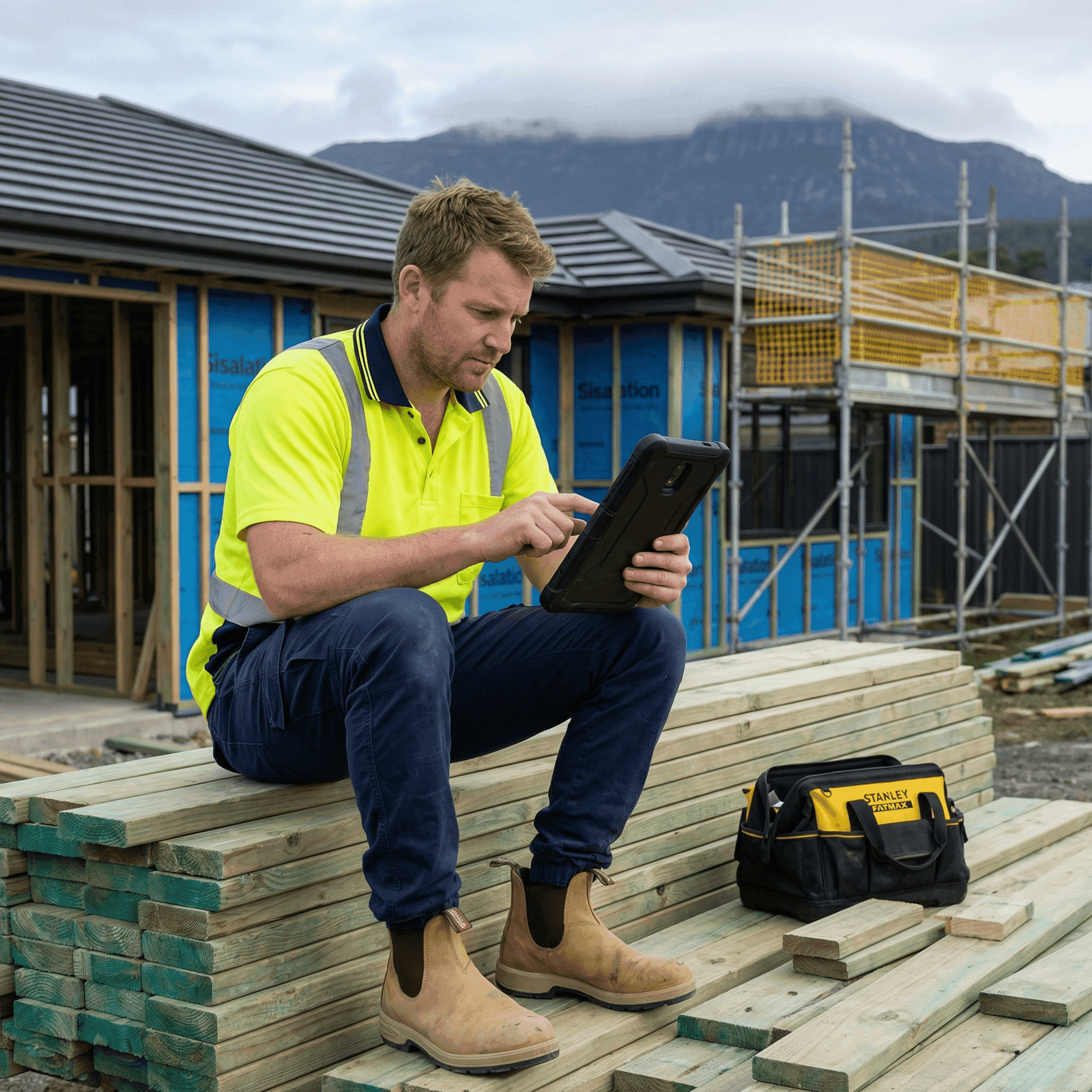 Young tradesman in hi-vis yellow sitting on a stack of treated pine timber at a Hobart residential construction site, reviewing Certificate IV course materials on a ruggedised tablet, with a partially framed weatherboard house with blue Sisalation wrap, scaffolding, Stanley FatMax tool bag, and Mount Wellington visible in the background under an overcast Tasmanian sky