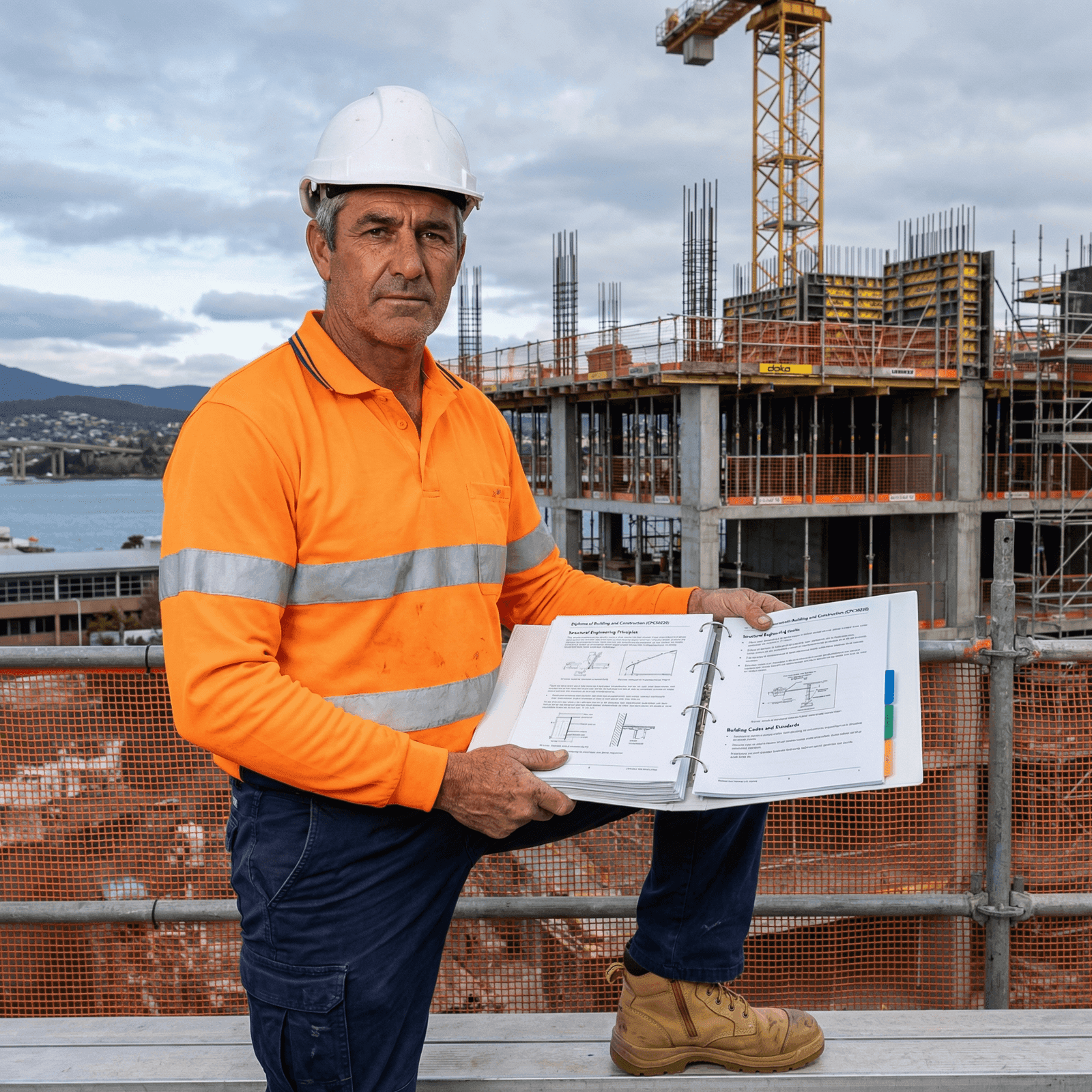 Experienced mature builder in hi-vis orange workwear and white hard hat holding open a Diploma of Building and Construction course binder showing structural engineering principles, standing at a medium-rise commercial construction site in Hobart with reinforced concrete columns, tower crane, orange safety mesh, the River Derwent and Eastern Shore hills visible in the background