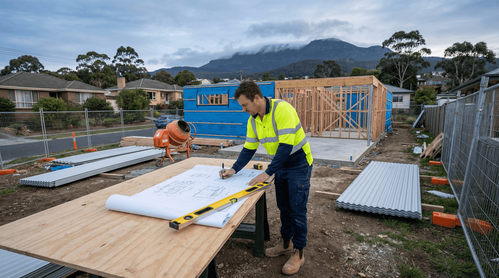 Residential construction site in suburban Hobart with a builder in hi-vis yellow annotating plans on a plywood table, timber-framed house with blue Sisalation wrap, orange concrete mixer, Colorbond roofing sheets stacked nearby, Mount Wellington rising through cloud cover in the background