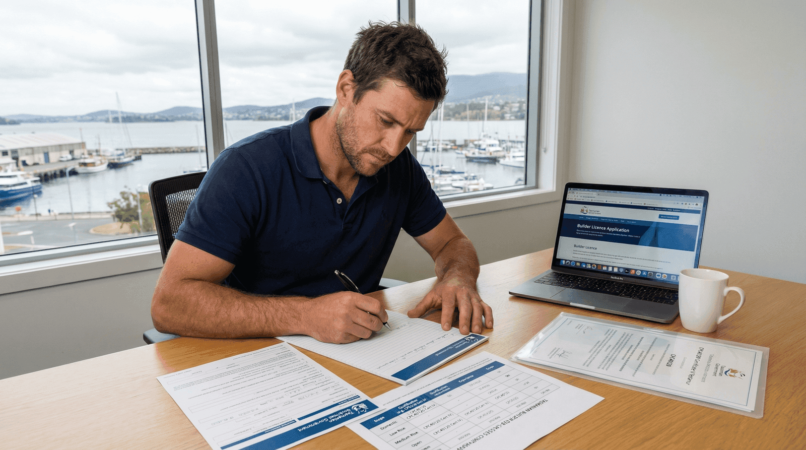 Builder in a navy polo reviewing CBOS licence application forms and sub-class comparison table at a modern office desk in Hobart, with a laptop showing the Builder Licence Application page, Certificate IV testamur in a clear wallet, and the Hobart waterfront with Constitution Dock and Eastern Shore hills visible through the window