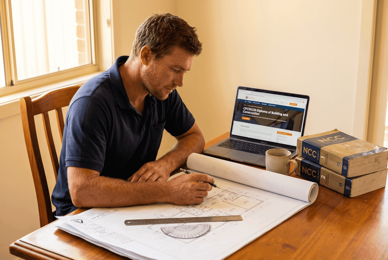 Construction professional studying CPC50220 Diploma of Building and Construction course materials at a desk with building plans and NCC code books