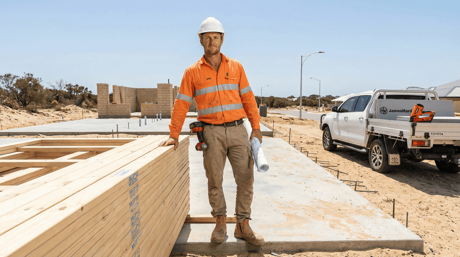 Licensed builder standing on a concrete slab at a Perth residential construction site with structural timber frames, double-brick walls, and a white Toyota HiLux