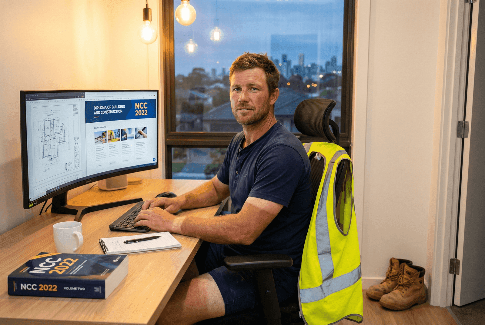 Victorian builder studying Diploma of Building and Construction online at home office with NCC code books and construction plans on screen