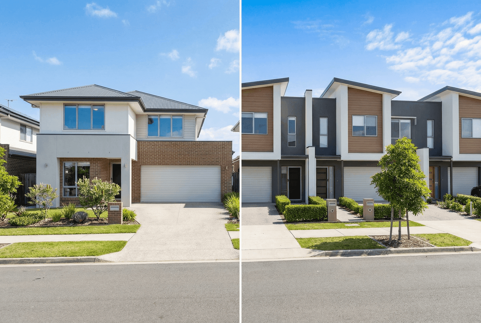 Australian residential buildings — detached house with brick and render facade alongside contemporary townhouse row in suburban setting