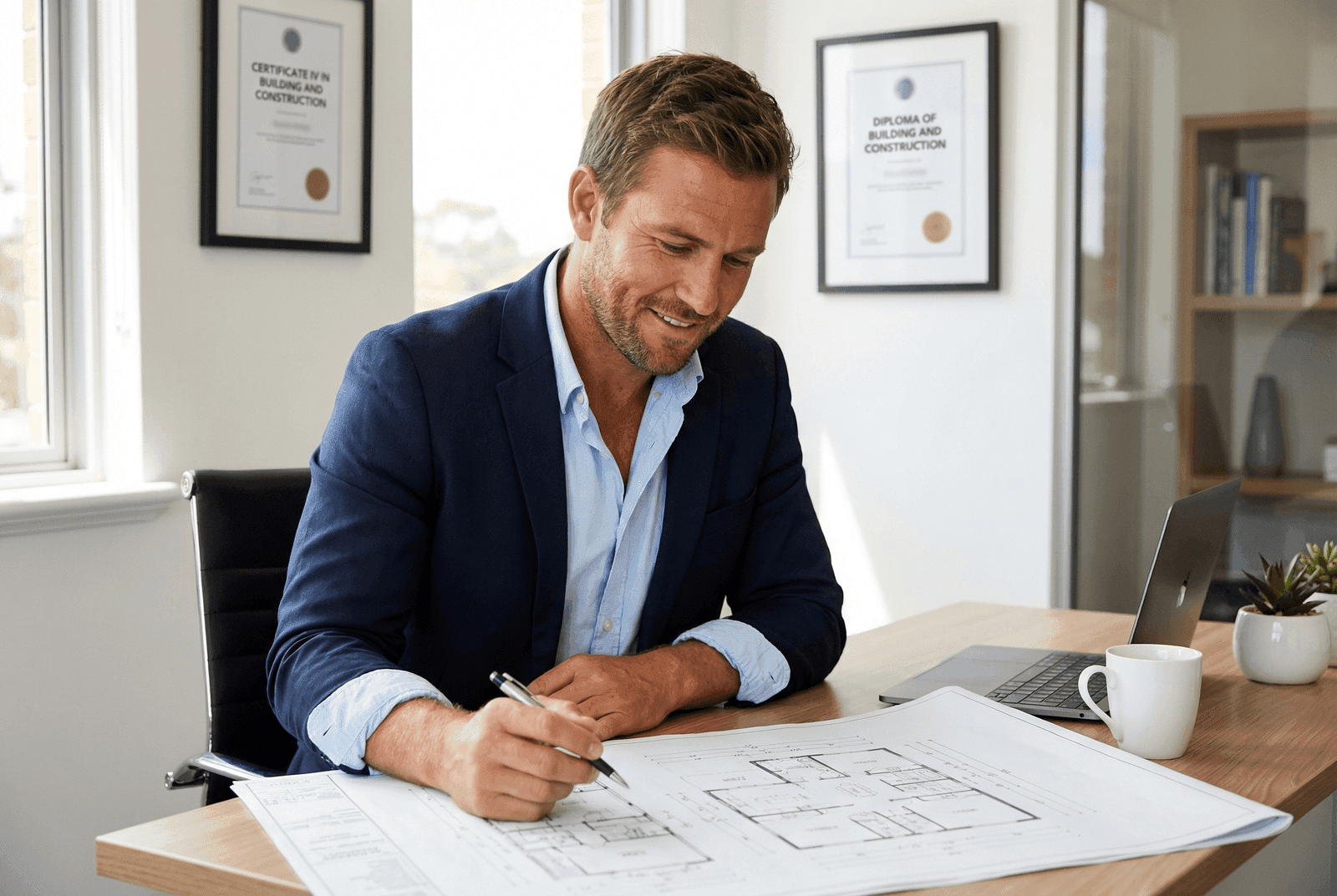 Building professional reviewing architectural plans at desk with Certificate IV in Building and Diploma of Building and Construction certificates on wall