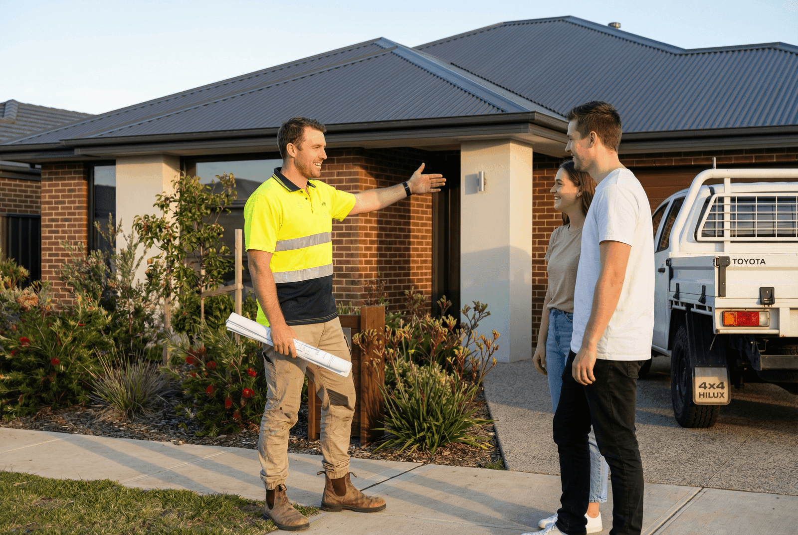 Australian boutique builder discussing plans with homeowner clients at a near-complete residential build