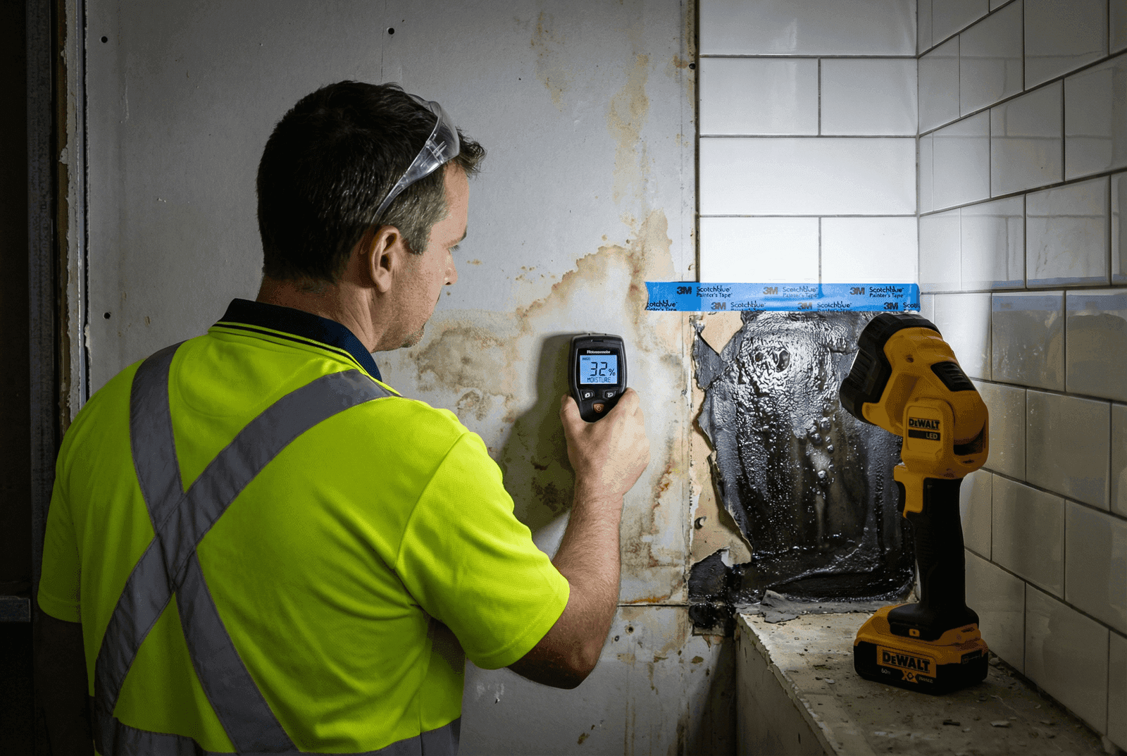 Building inspector examining waterproofing failure in a residential bathroom under construction