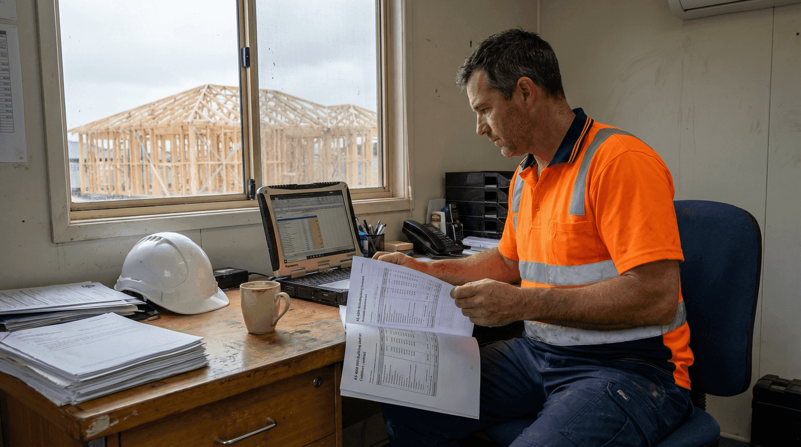 Australian builder reviewing financial documents at a site office desk with an unfinished build visible through the window
