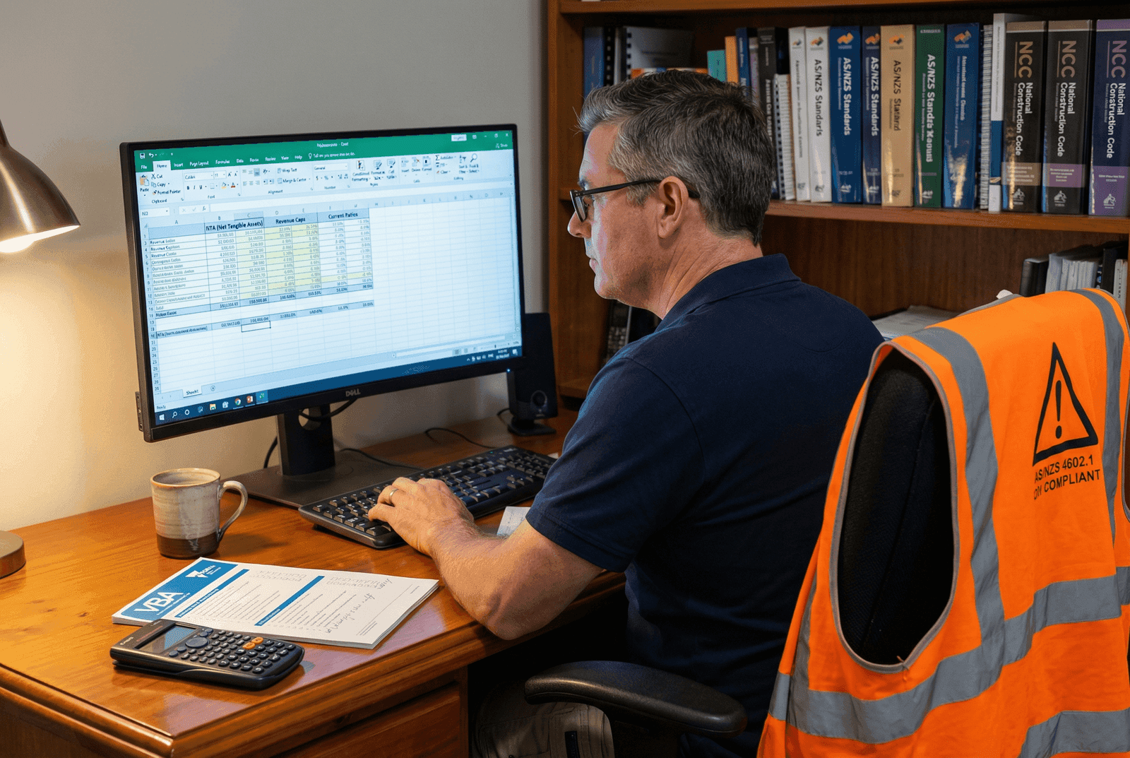 Australian builder reviewing NTA compliance documents and financial spreadsheets at a home office desk