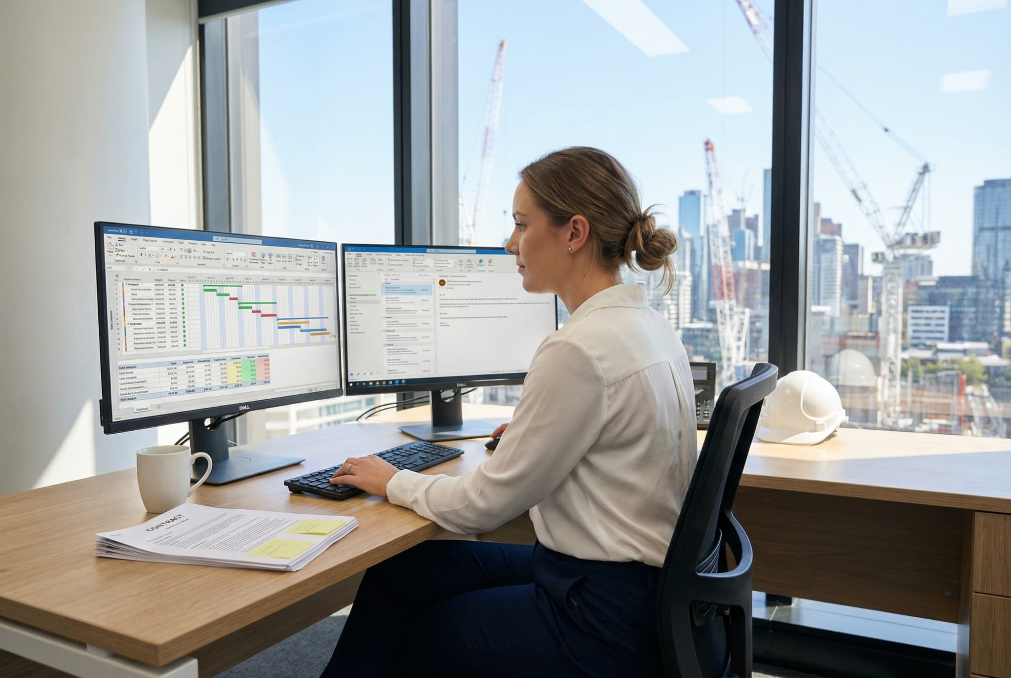 Contract administrator working at a desk with project management software in a construction company office