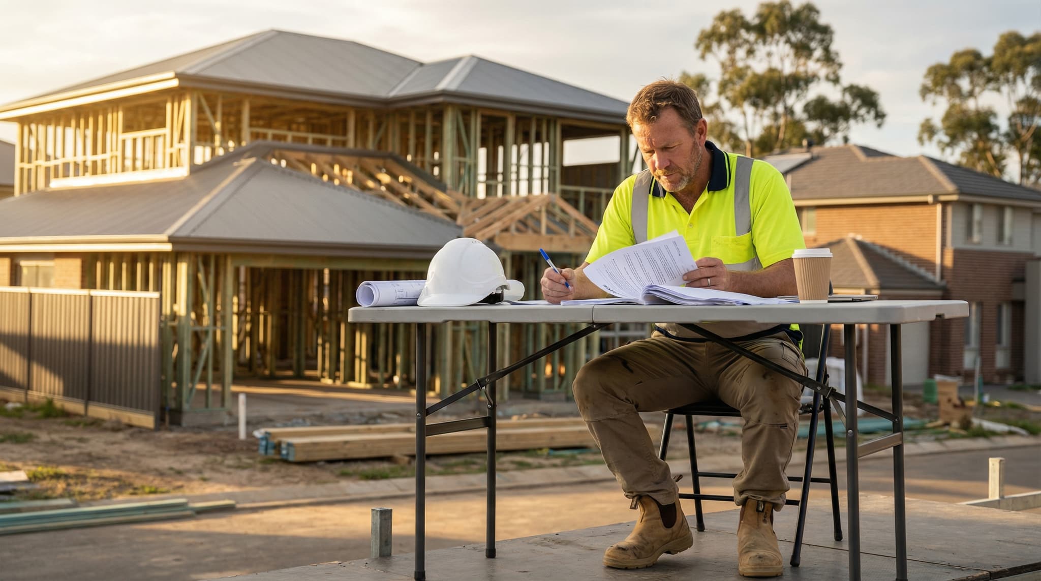 Australian construction site manager reviewing a building contract on an active construction site
