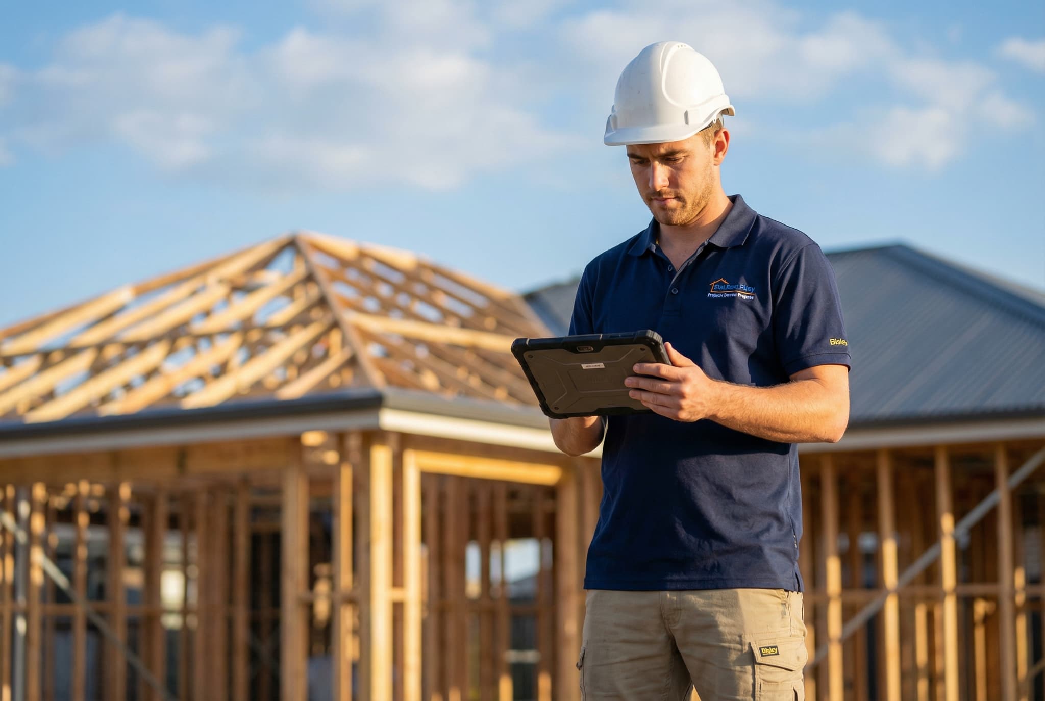 Builder reviewing a project management dashboard on tablet at a residential construction site