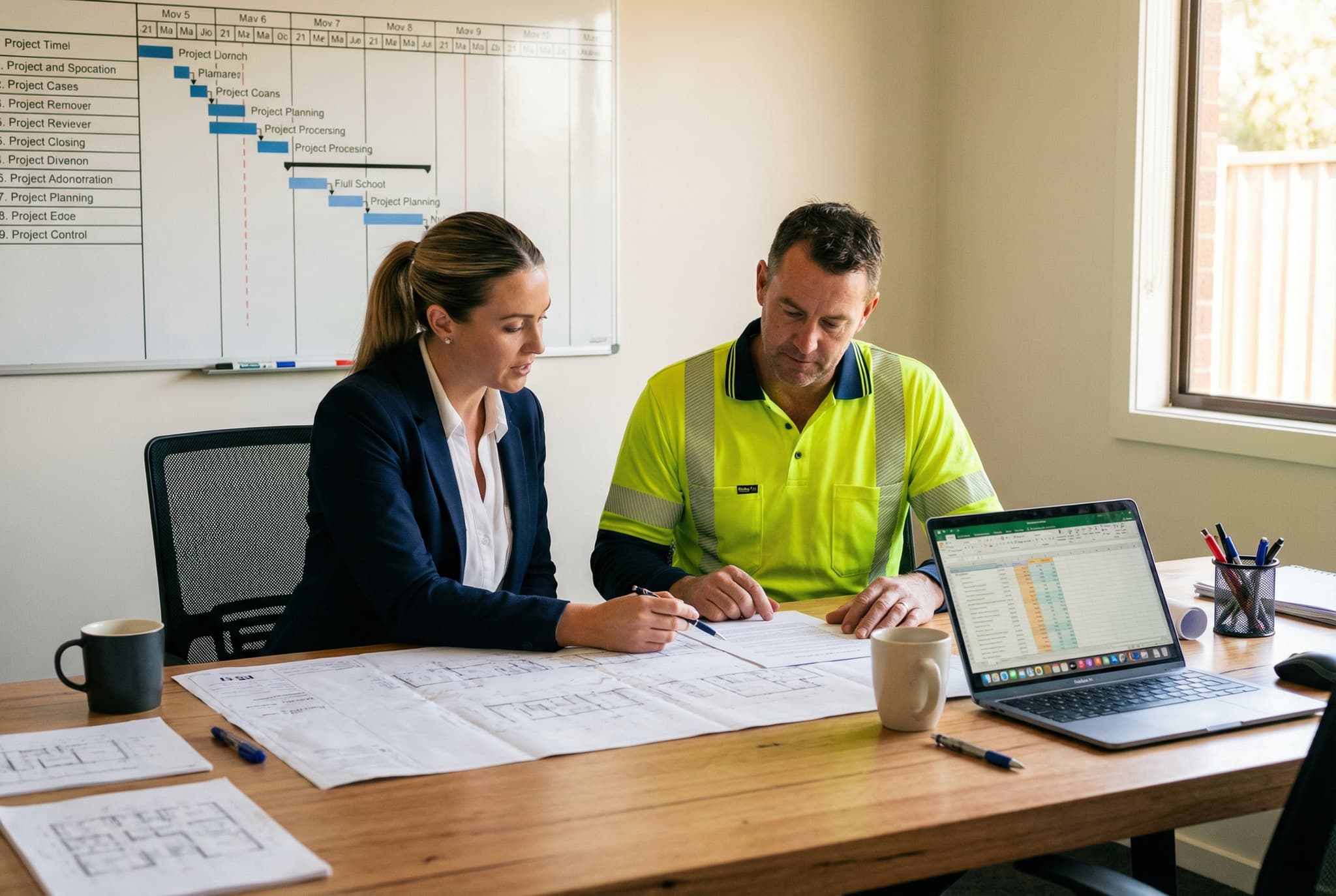 Two construction professionals reviewing a standard form contract in a site office