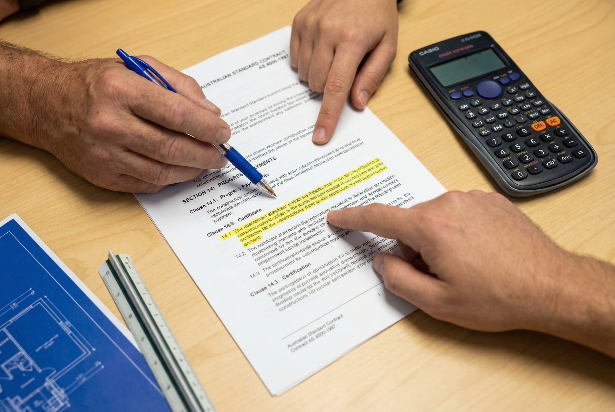 Close-up of hands reviewing a construction contract variation clause with a calculator and plans