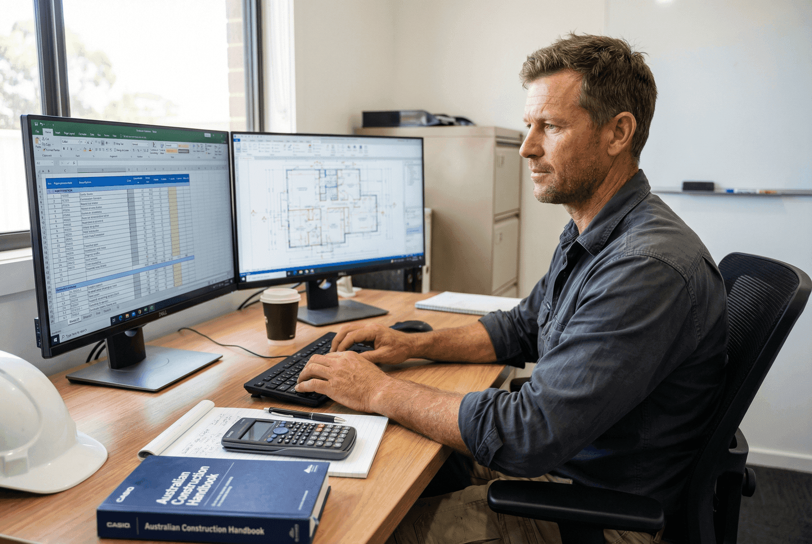 Construction estimator at desk with dual monitors showing spreadsheet and floor plans, Australian Construction Handbook and calculator on desk