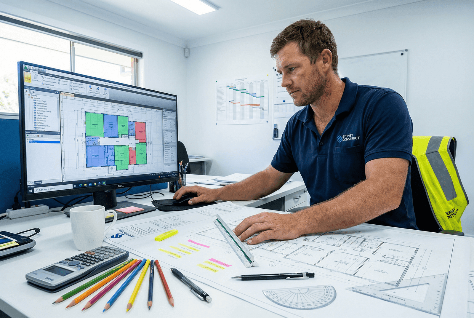 Construction estimator using digital takeoff software on monitor with coloured floor plan overlays, scale ruler, calculator and construction plans on desk