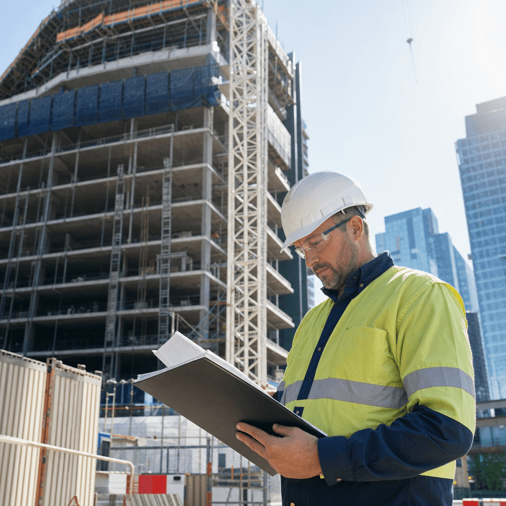 A registered builder in hi-vis checking documents at the base of a high-rise commercial construction site in an Australian city