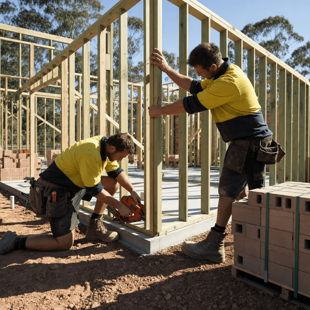 Two Australian carpenters framing the timber wall of a single-storey brick-veneer house on a low-rise residential site