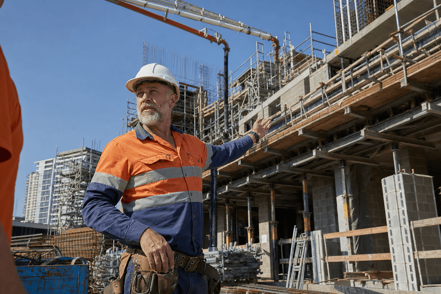 A site supervisor in hi-vis directing work on a three-storey medium-rise apartment build with scaffolding in Australia