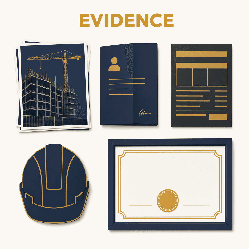 An RPL evidence kit laid out flat: site photos, payslips, reference letters and a trade certificate