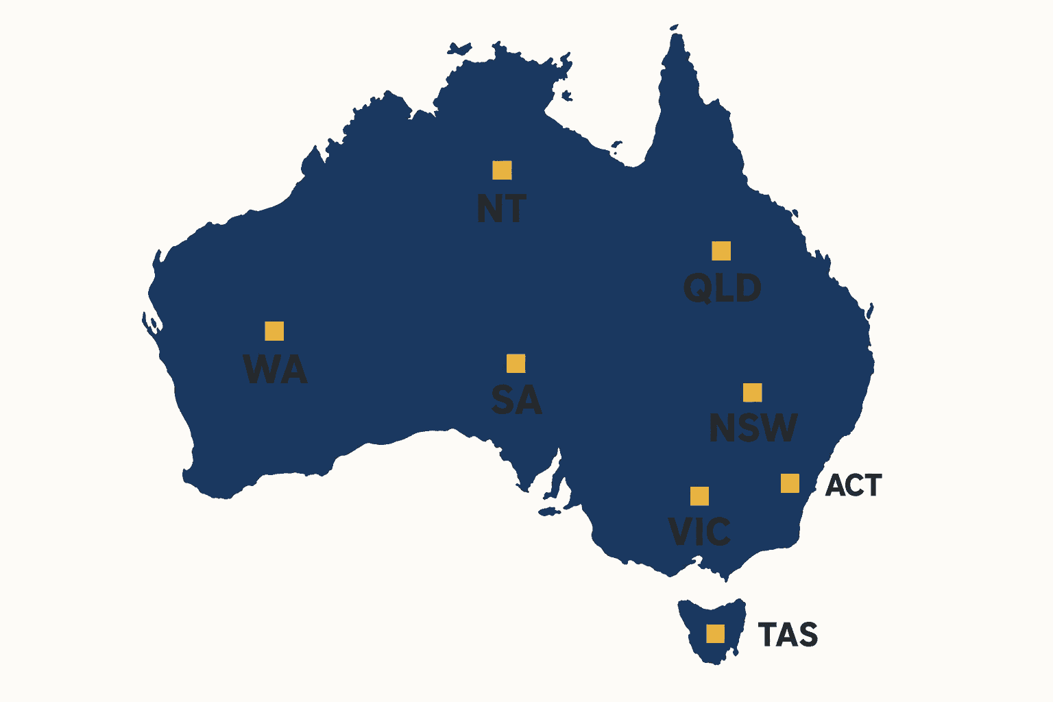 Map of Australia with a marker over each state and territory representing its separate building regulator