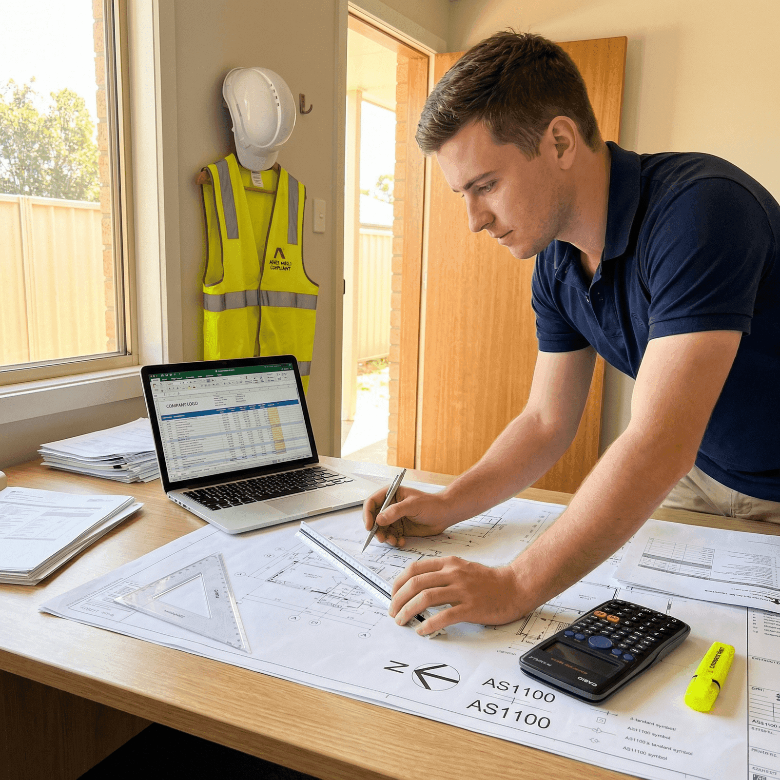 Young Australian construction estimator working with building plans, scale ruler, and laptop in a modern site office