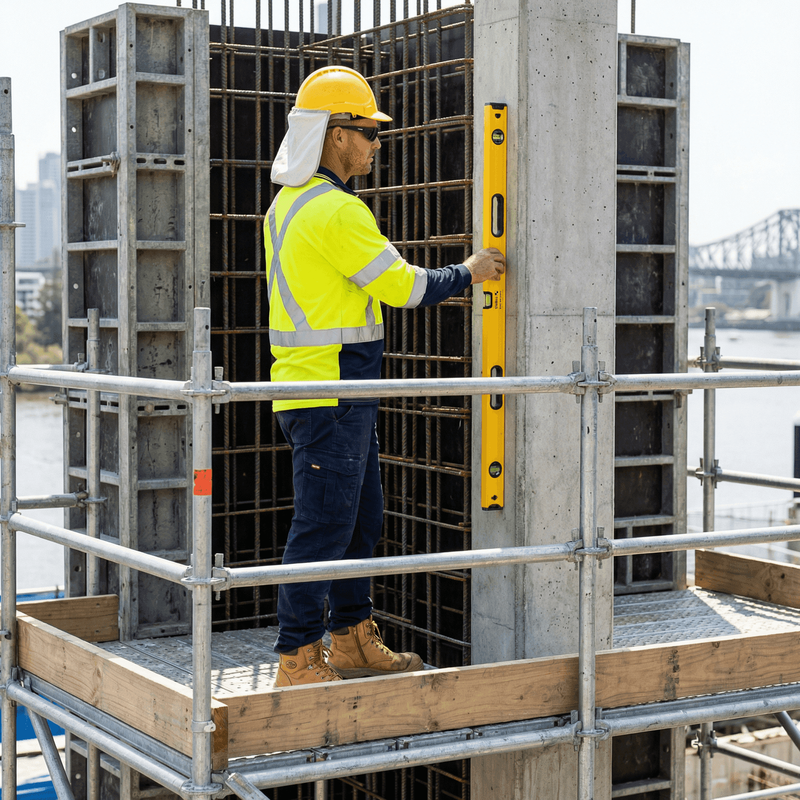 Queensland site supervisor with Stabila spirit level on scaffolding at a multi-storey construction site with Brisbane River visible