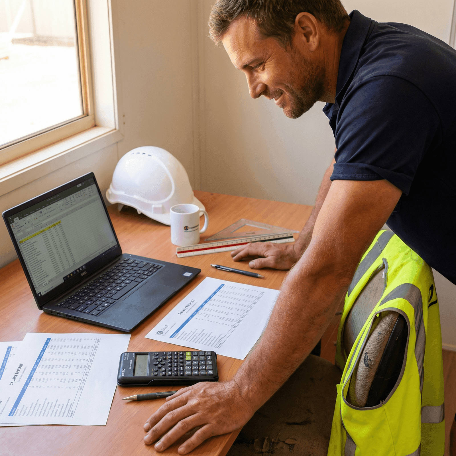 Australian construction professional reviewing salary reports and a laptop at a site office desk