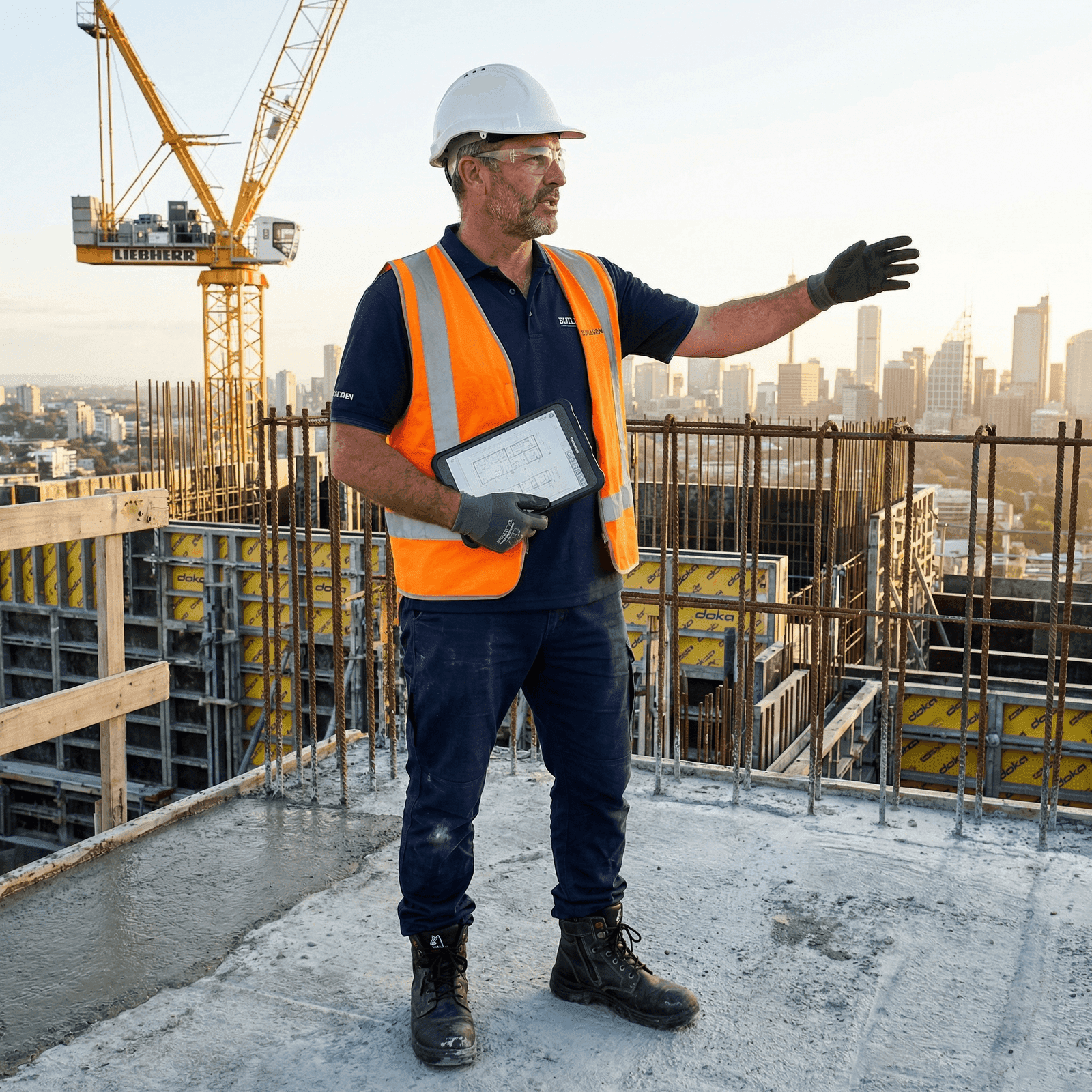 Experienced Australian construction director on a high-rise building site with city skyline and tower crane behind him