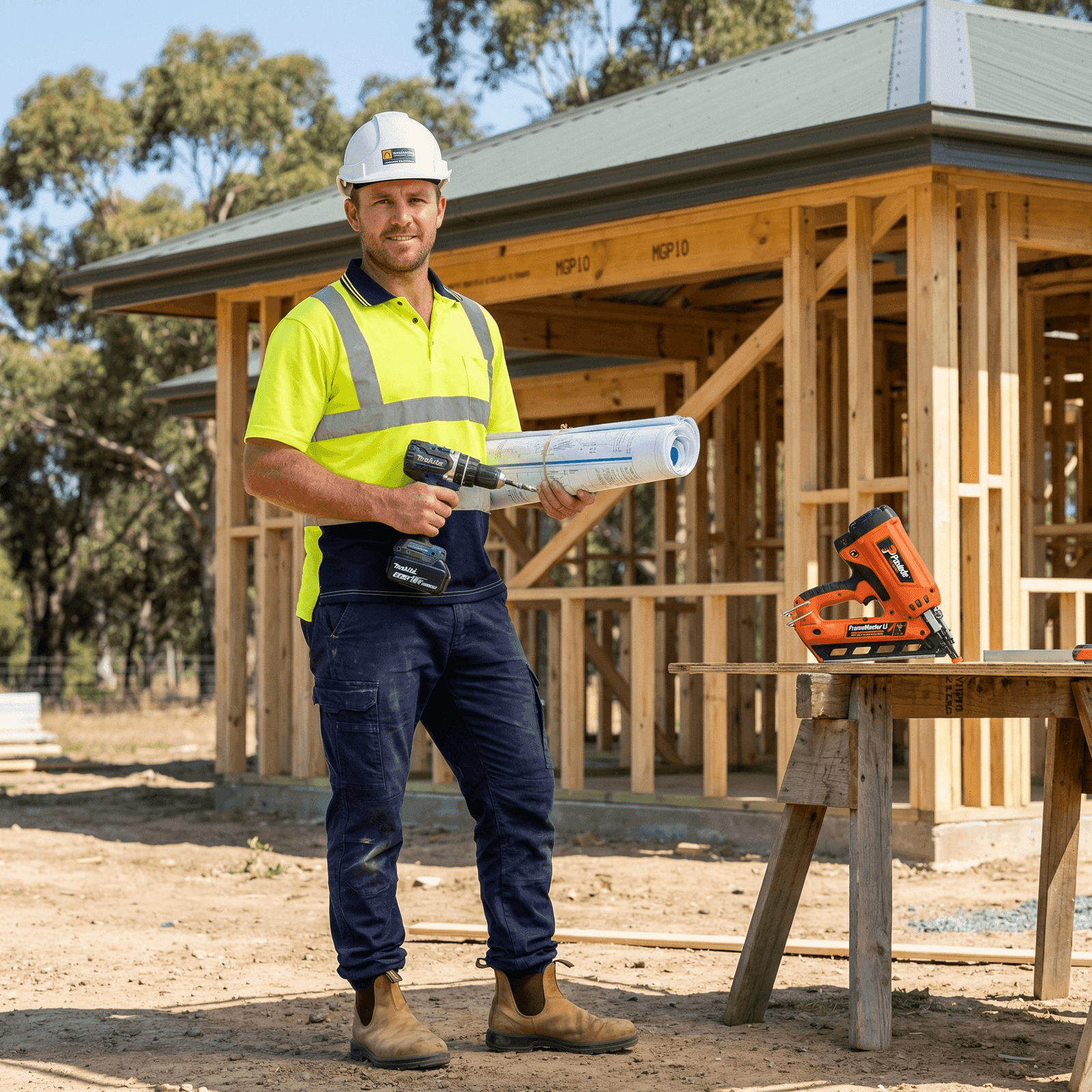 Australian site supervisor with Makita drill and construction plans at a timber-framed residential build